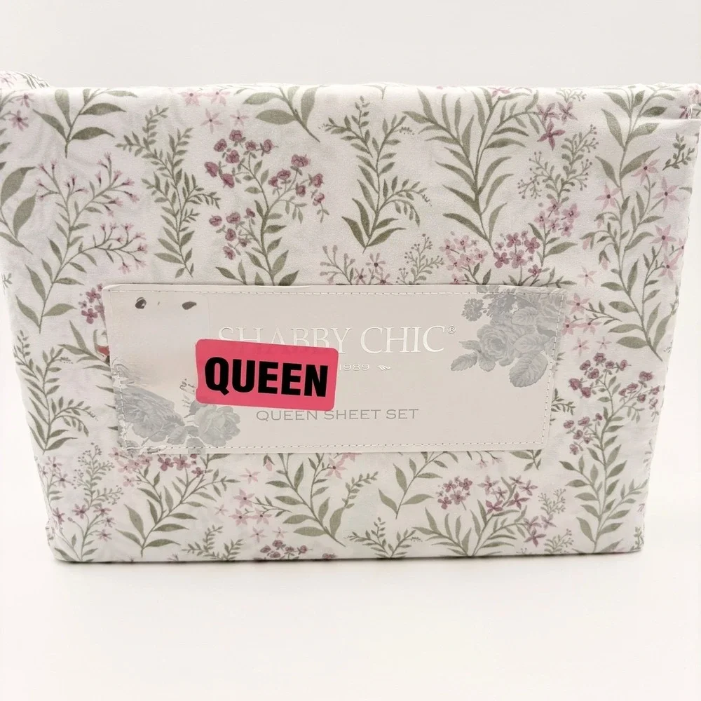 Shabby Chic Queen Sheet Set Floral Botanical Pink Sage Green Microfiber 4 Piece